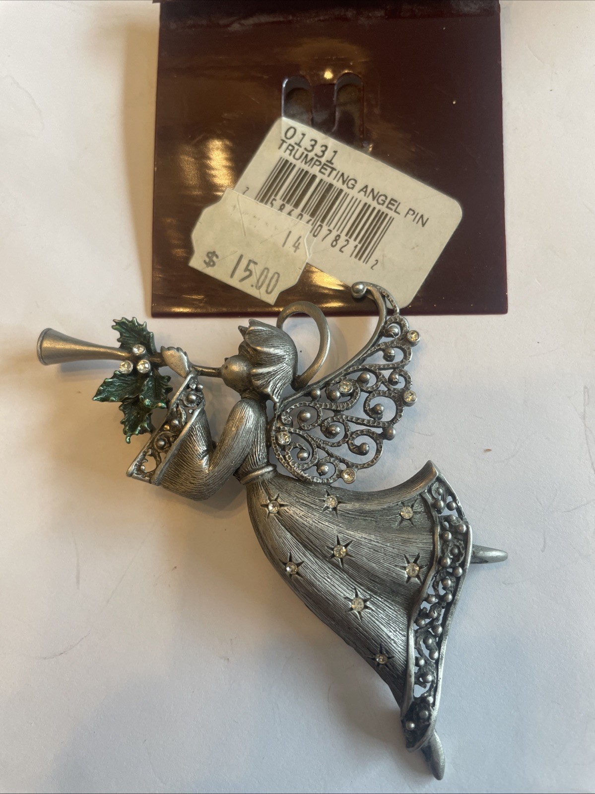 Vintage PewterTone SIGNED JJ TRUMPTING ANGEL BROOCH Horn Rhinestone & Holly R34