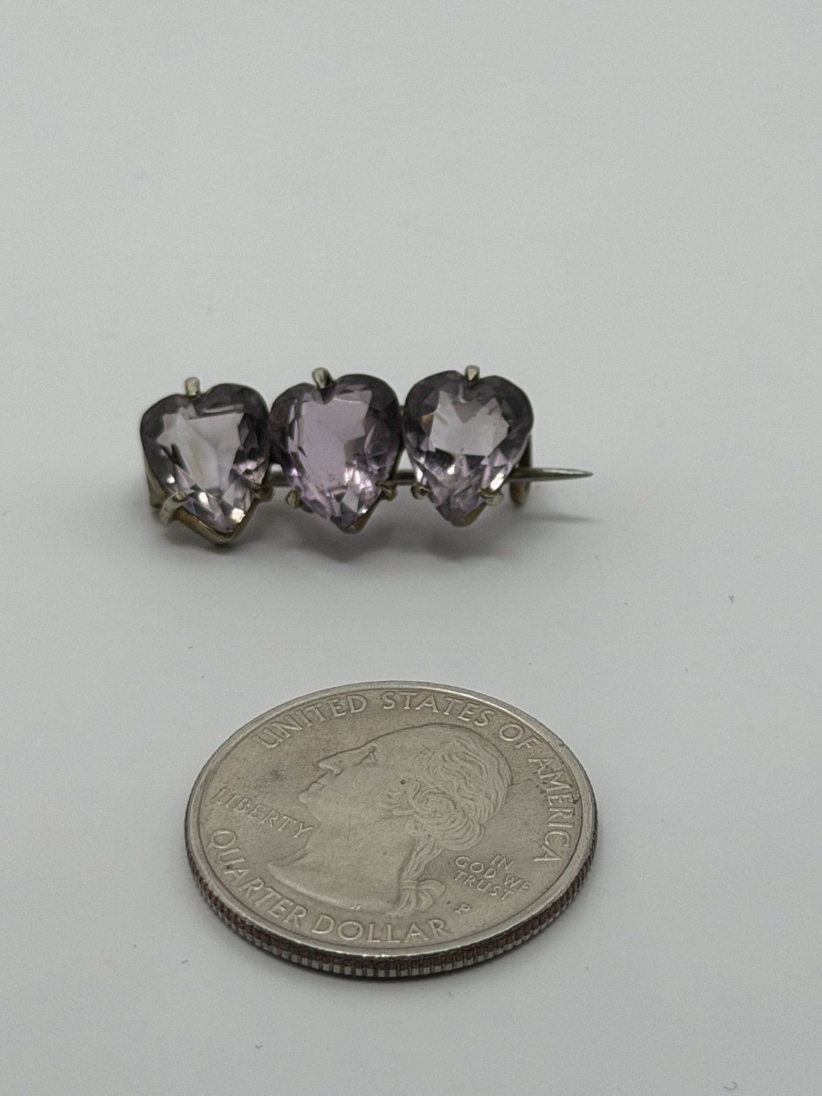 Antique Victorian 3 Light Purple Paste Hearts Goldtone Bar Brooch