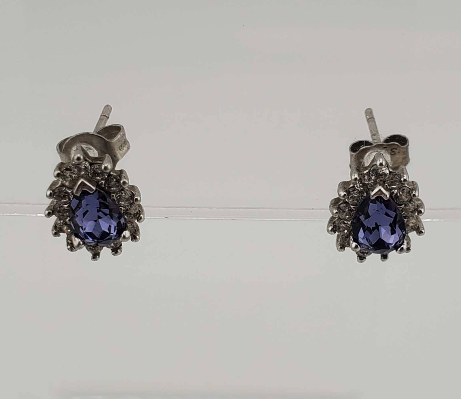 VTG 925 Purple Blue Pear Cut Crystal Stud Earrings Sterling Silver 1g Halo CZ S