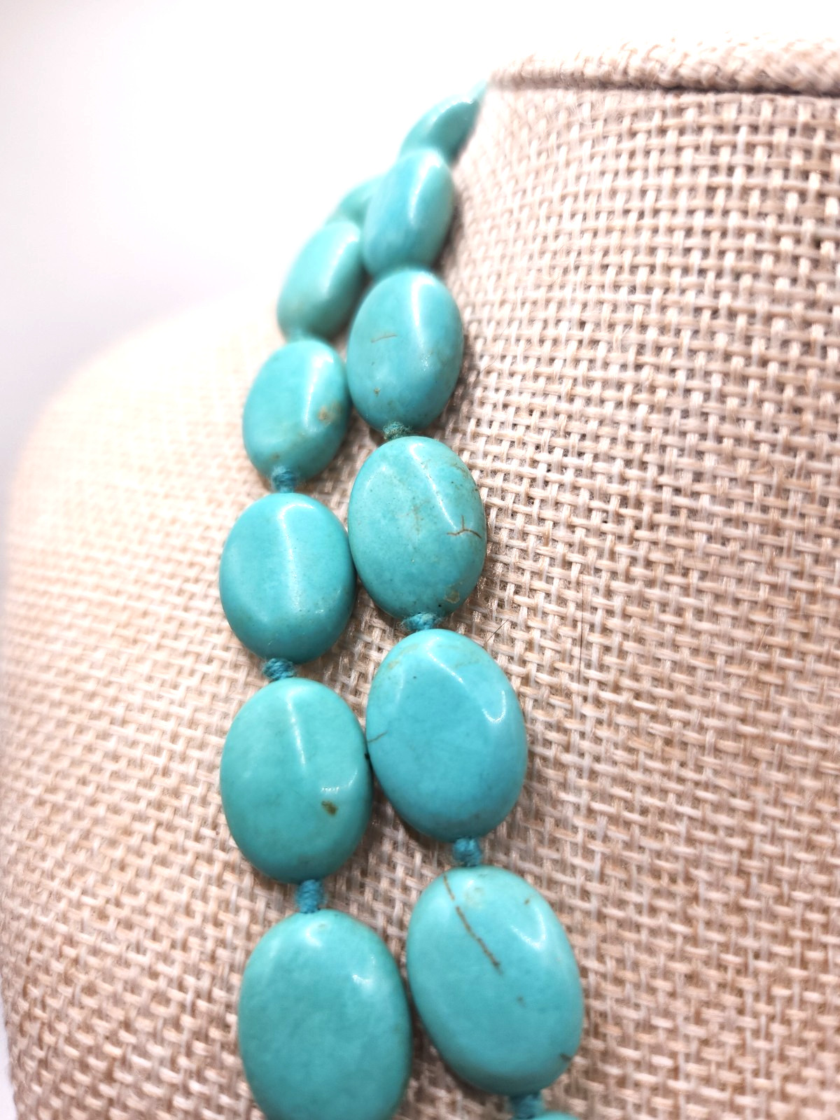 Double Strand Turquoise Necklace Sterling 925 Silver Clasp Oval Beads Light Blue