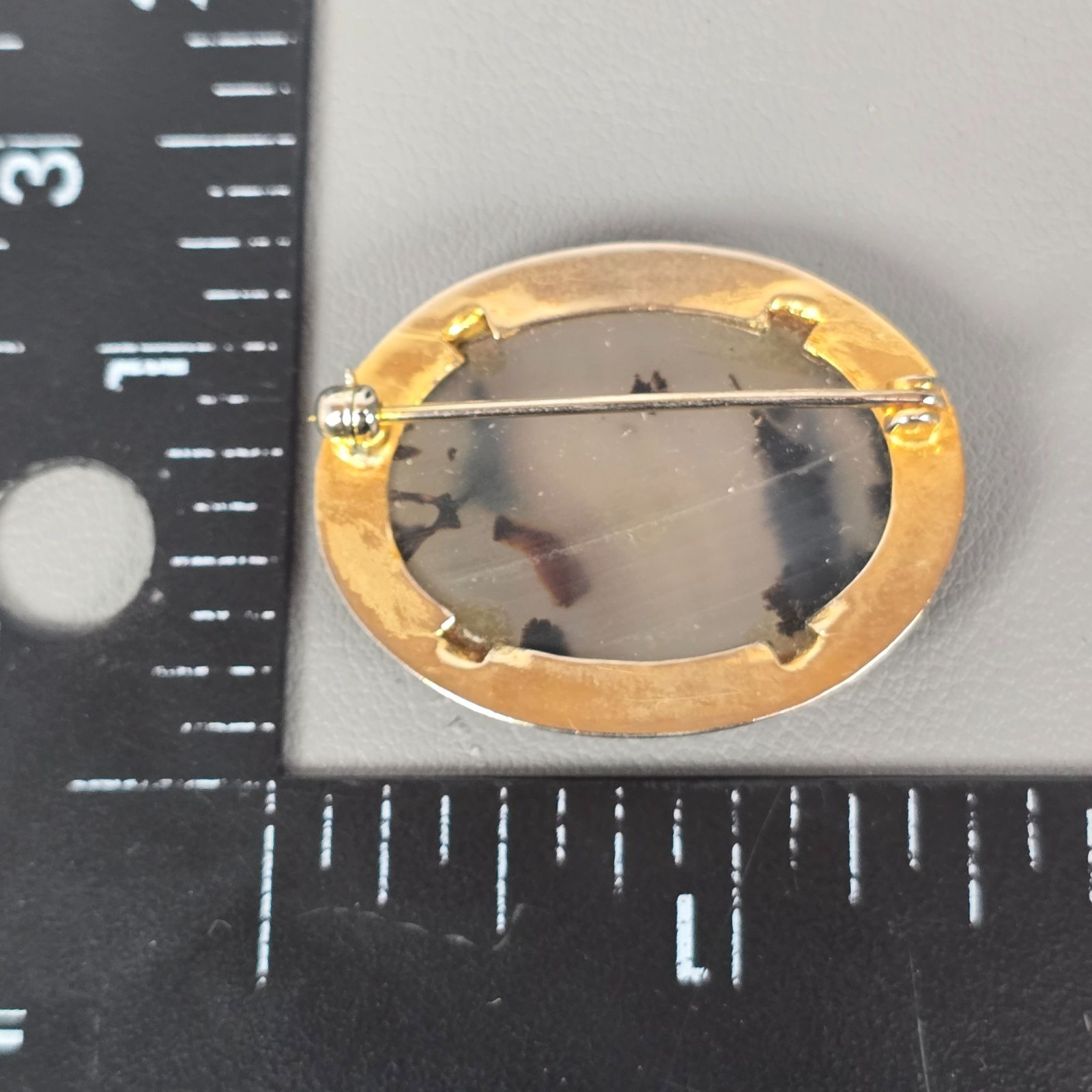 3 Vintage Gold-Tone Picture Agate Jasper Brooch Pins W/ Textured Bezel Setting