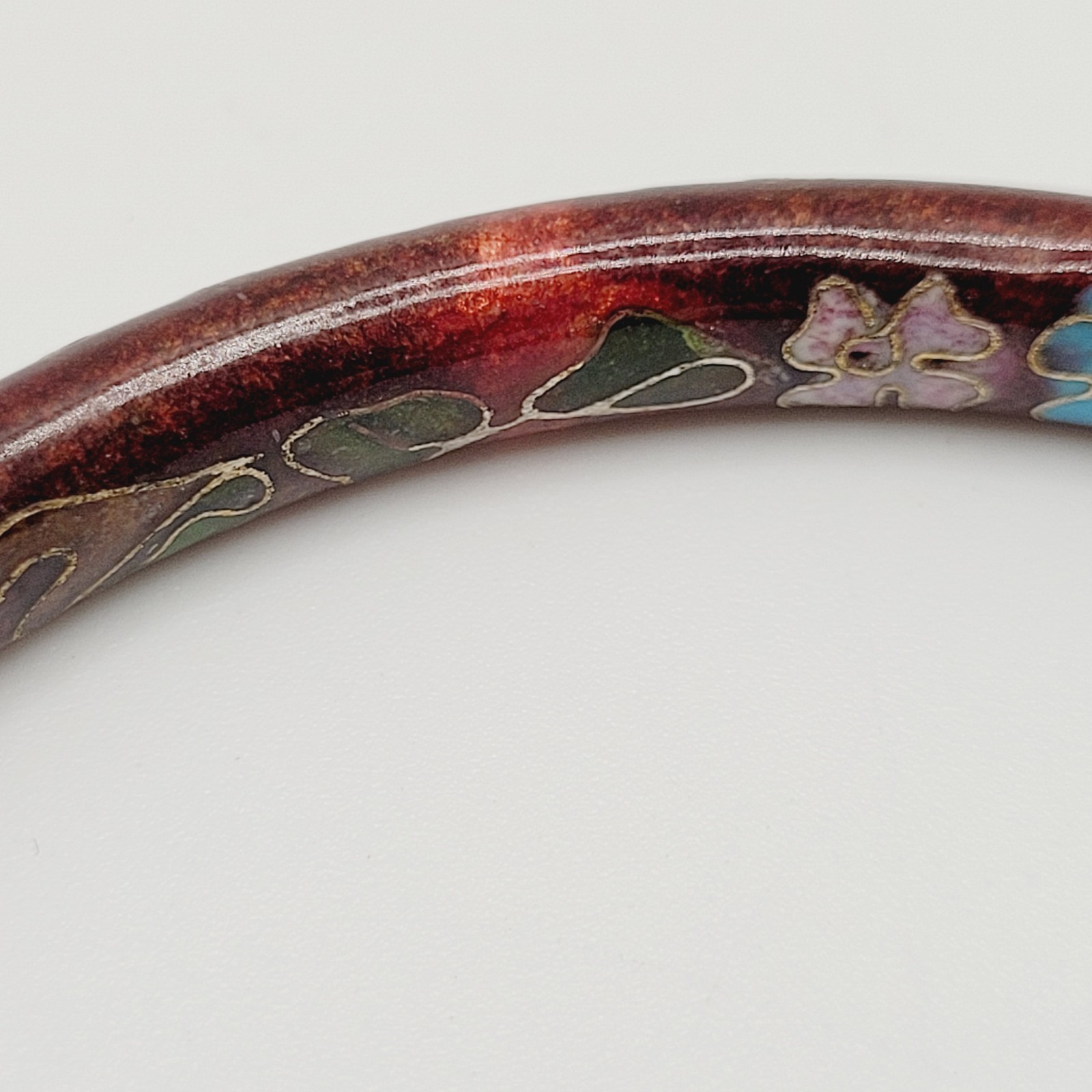 Cloisonné Deep Red Enamel Floral Hand Painted Asian Inspired Bangle Bracelet