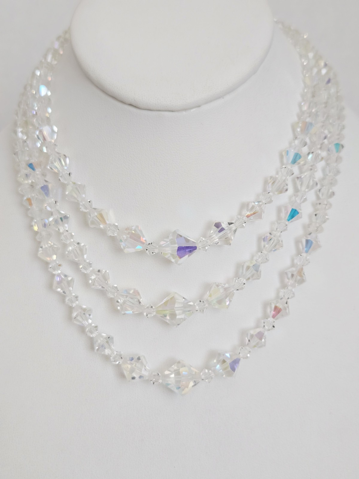 VTG 3 Strand Faceted Bicone Aurora Borealis Crystal Graduated Choker Necklace