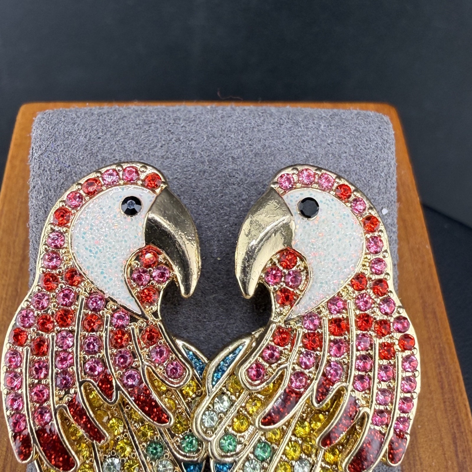 Sugarfix Rhinestone Parrot Pierced Earrings Gold Tone Bird Signed
