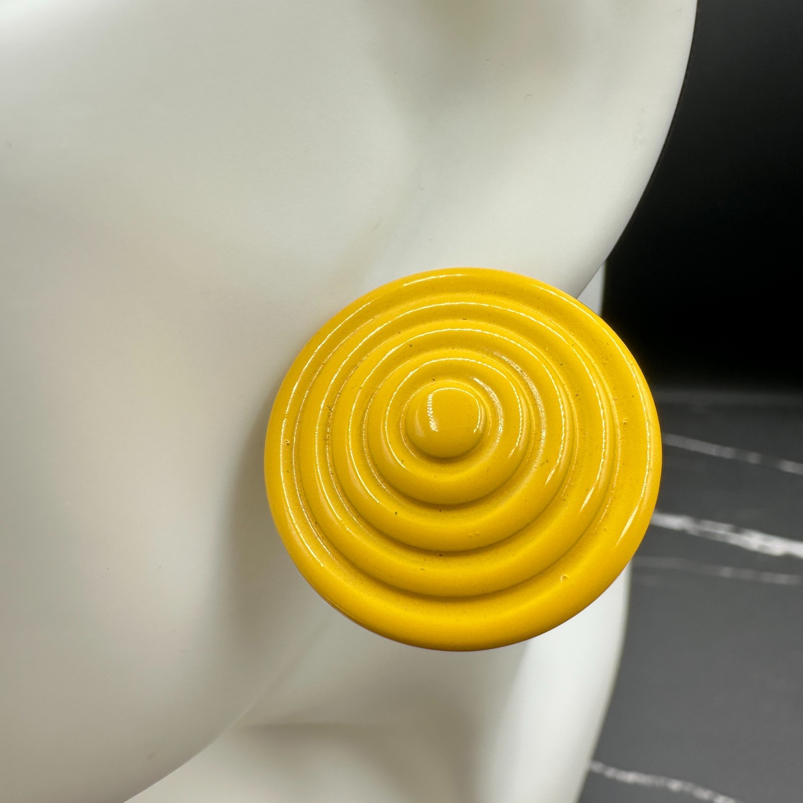Vintage Yellow Aluminium Coated Concentric Swirl Spiral Post Dangle Earrings