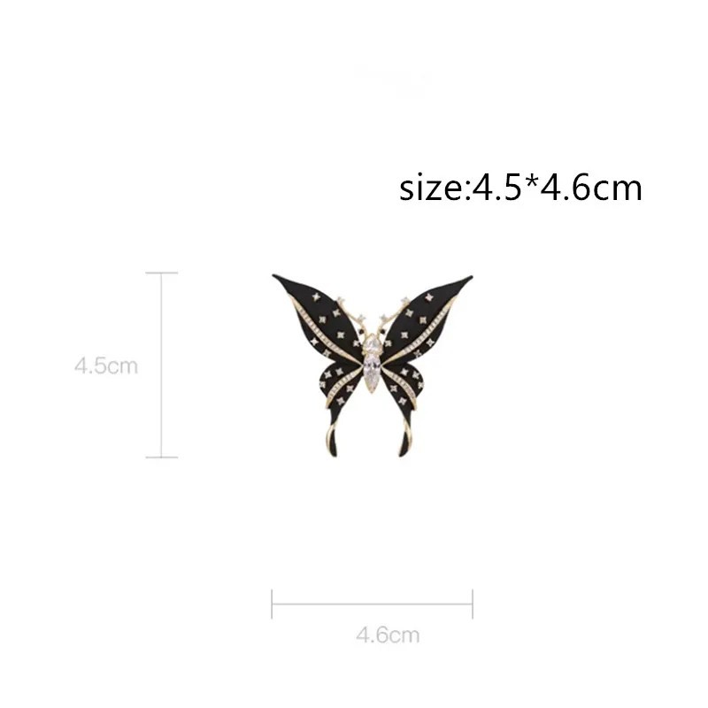 Vintage Black Enamel Butterfly Brooch Gold Tone Crystal Rhinestone Pin