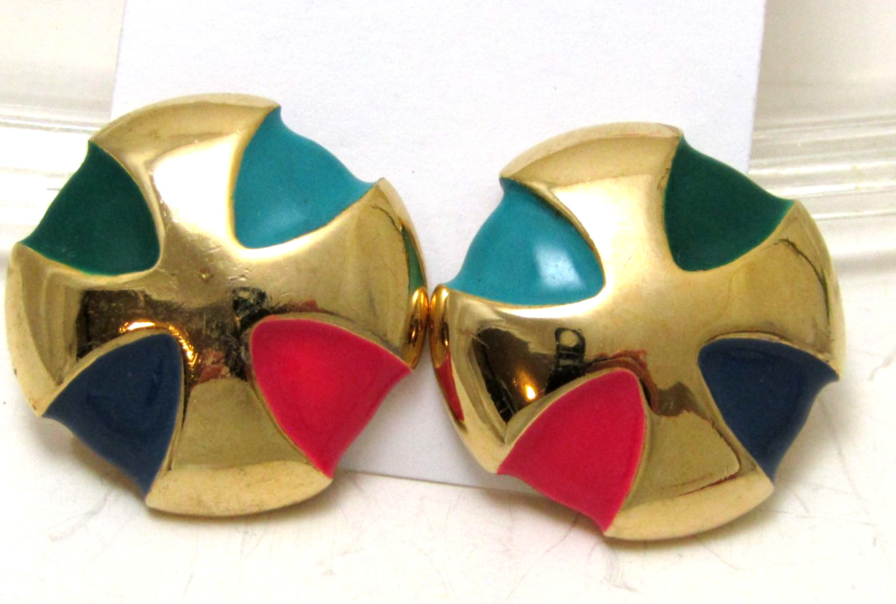 Vintage Gay Boyer Gold Tone Pierced Earrings with Colorful Enamel 15.7g