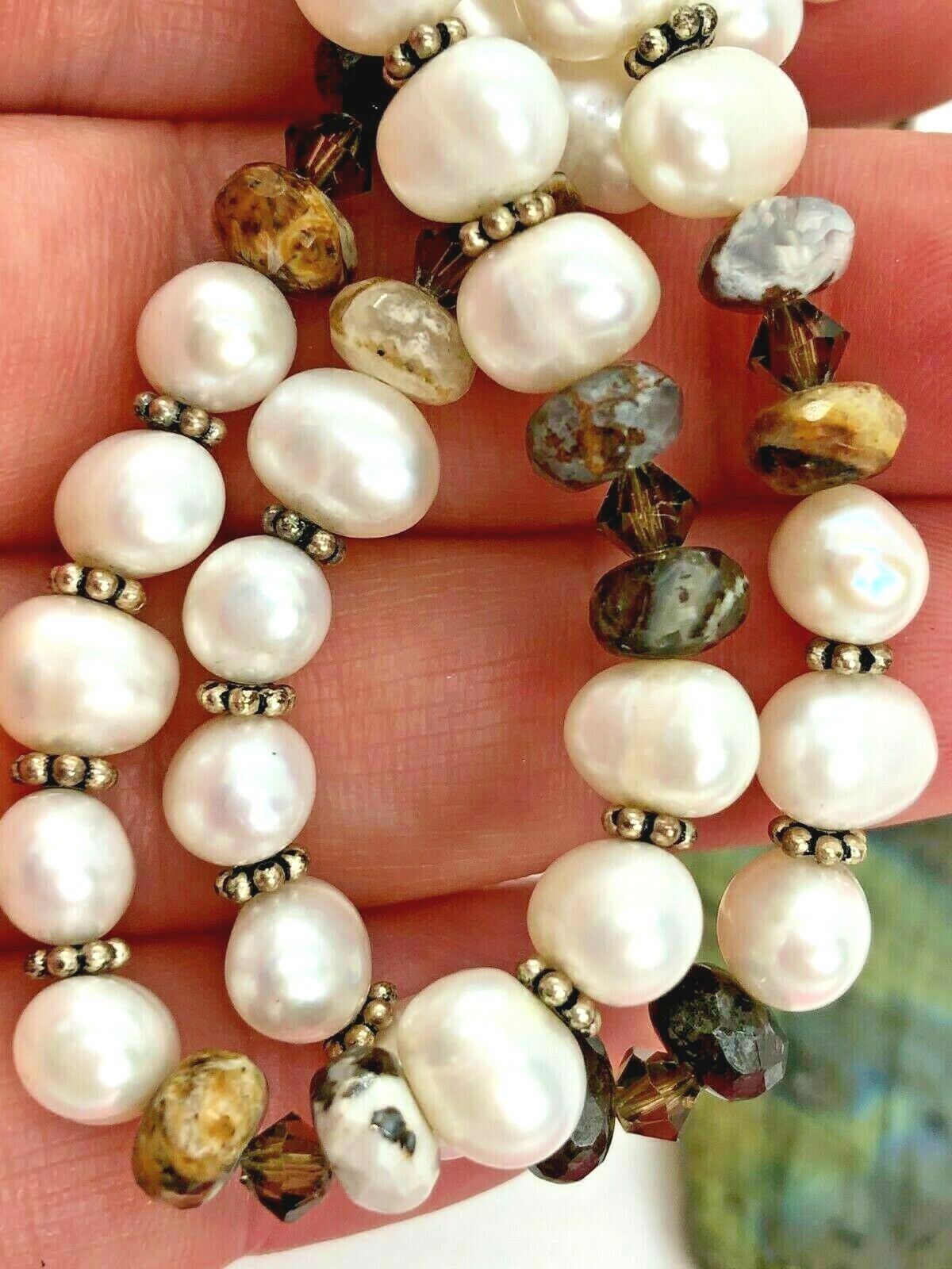 Vintage Sterling Silver 39mm White Brown Agate Pearl Beaded Necklace 20″