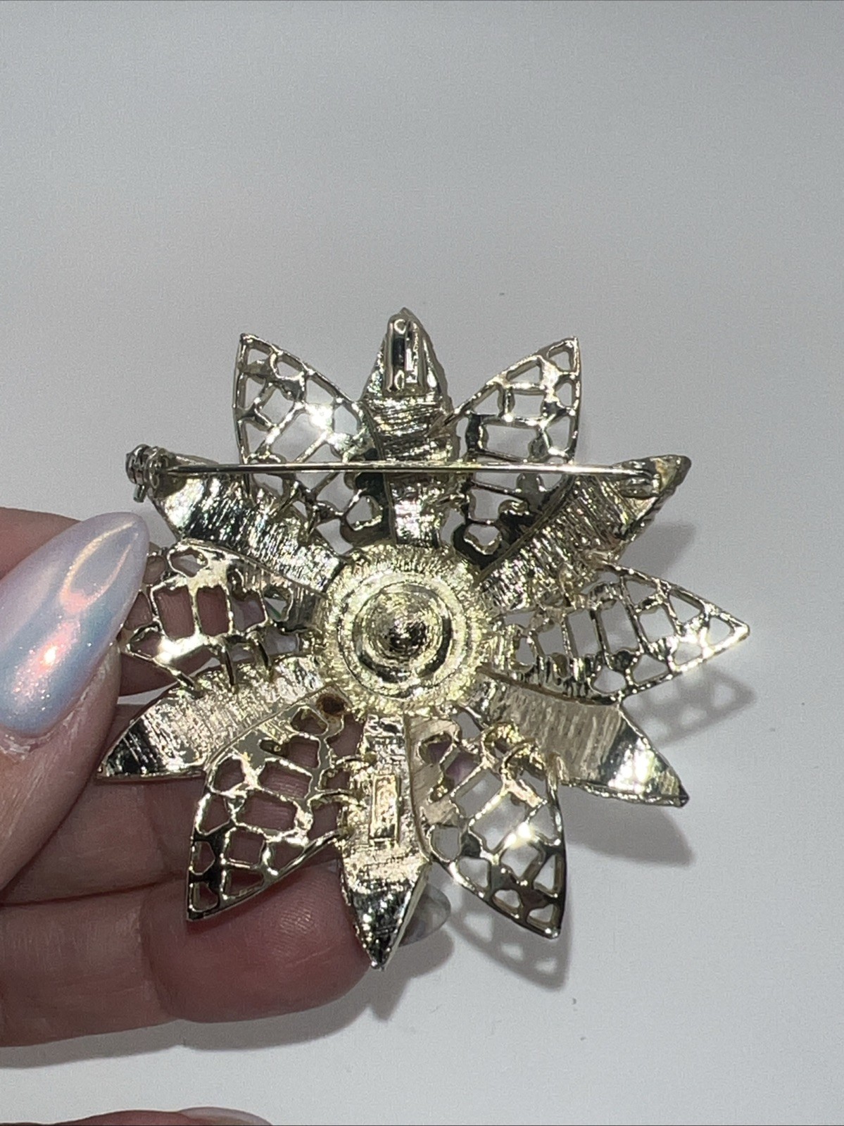 Vintage CATHE Brooch 2 3/4 In Wide Silver & Gold Rhinestone Amber-Hard to Find