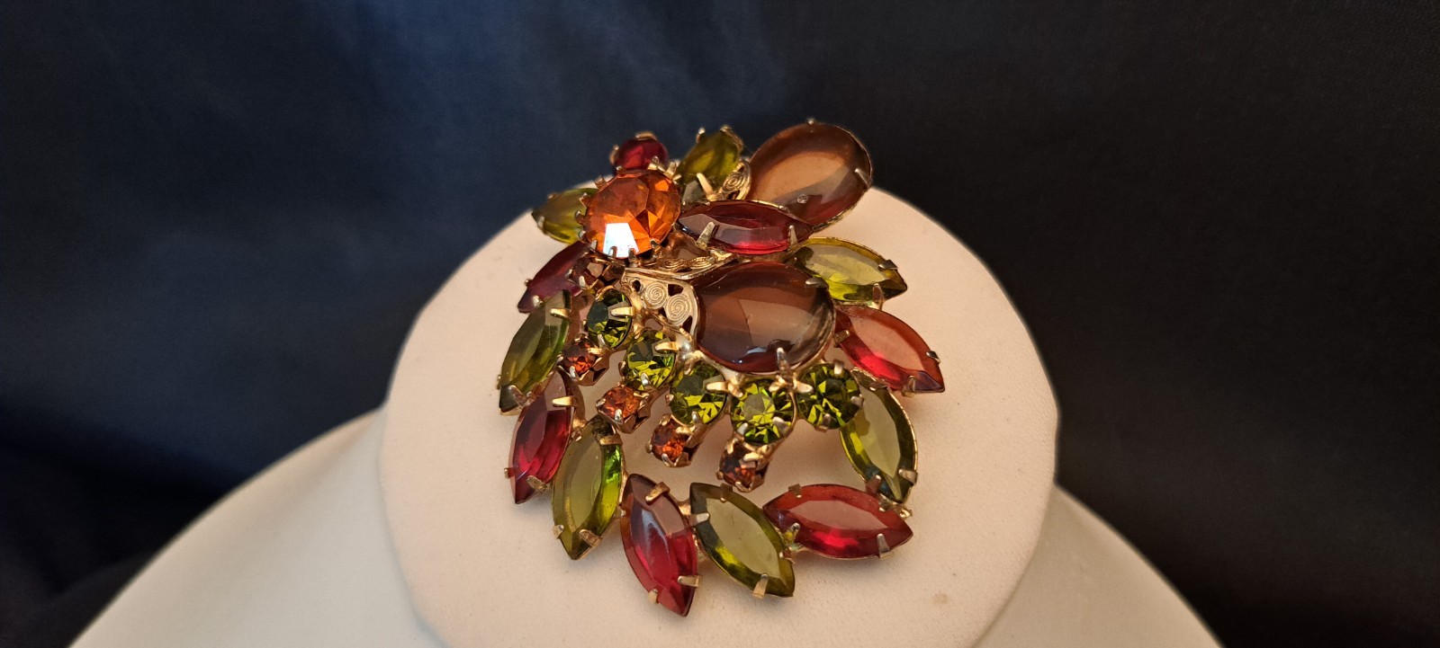 Vintage Designer? Topaz Orange Green Gold Glass Rhinestone Statement Brooch