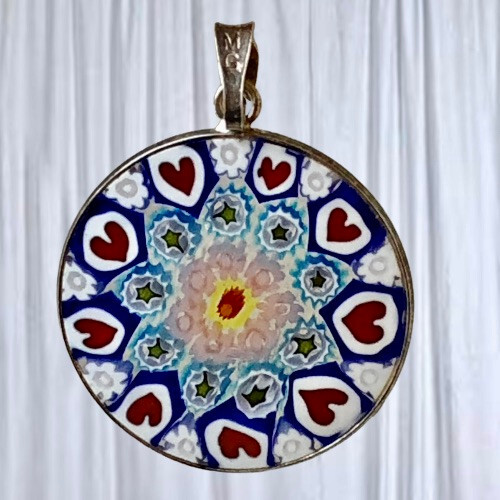 Italian Glass Handcrafted Pendant Mosaic Sterling Silver Flowers Heart
