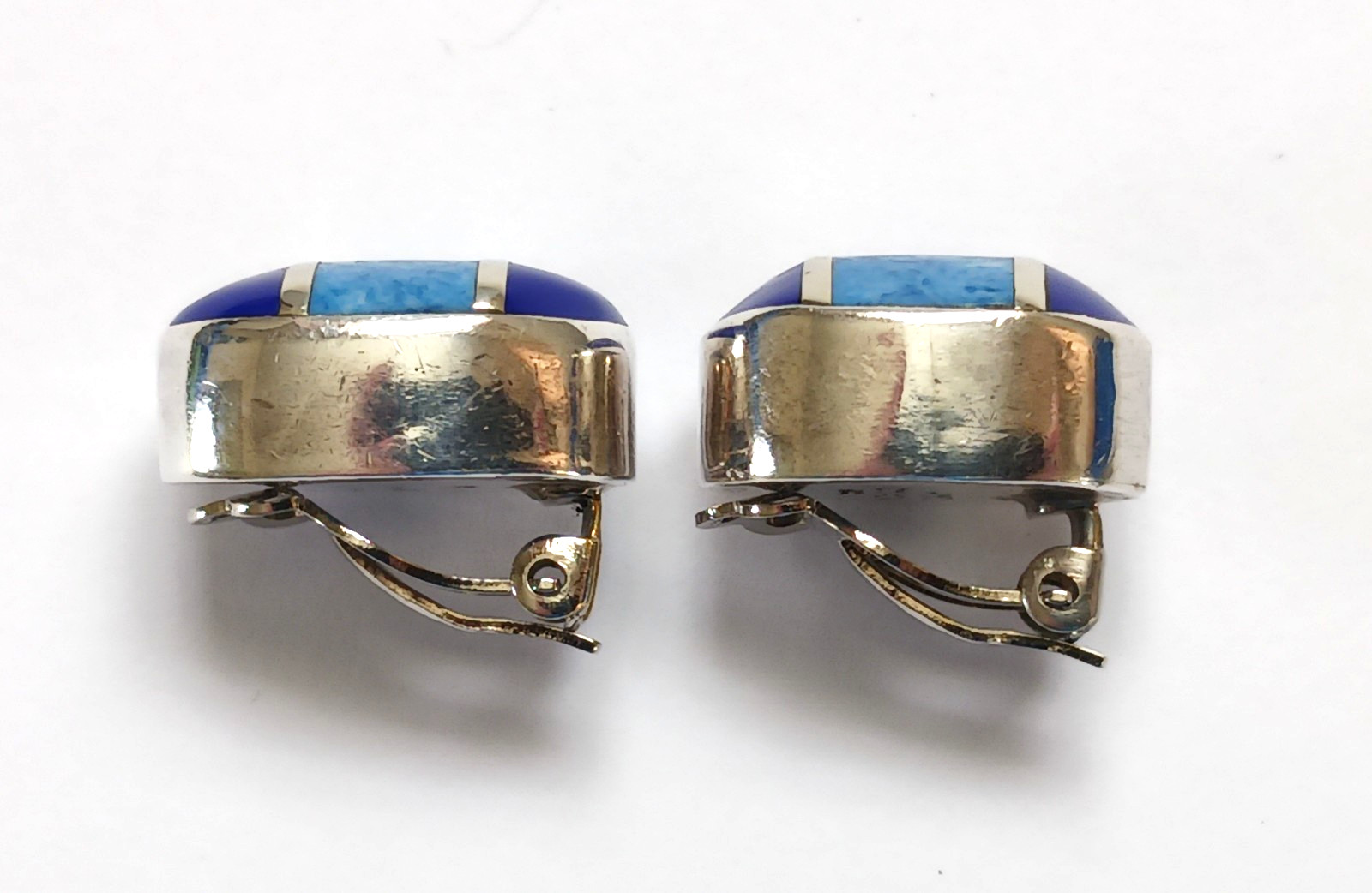 Sterling Silver Mexico 2 Tone Blue Lapis Denim Clip on Oval Earrings