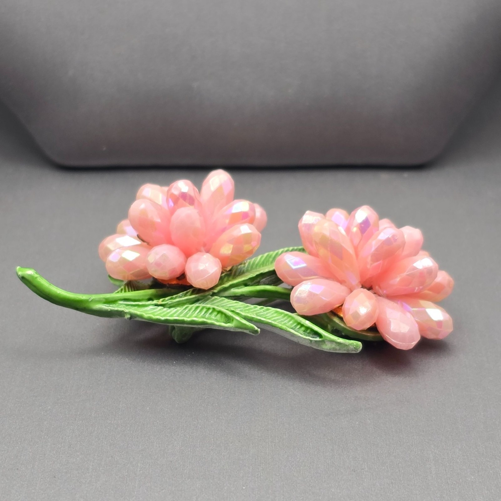 VTG AB Pink Resin Beaded Floral Brooch Green Leaf Double Flower Unsigned