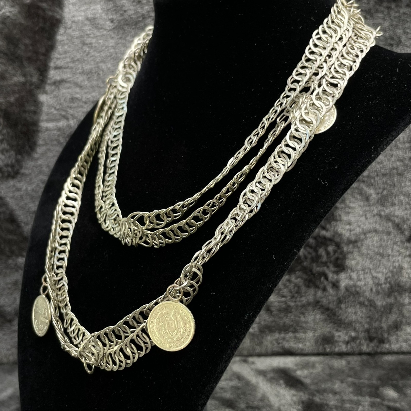 Vintage Silver Guatemala Coin Chachal Necklace 56 Grams 1920s