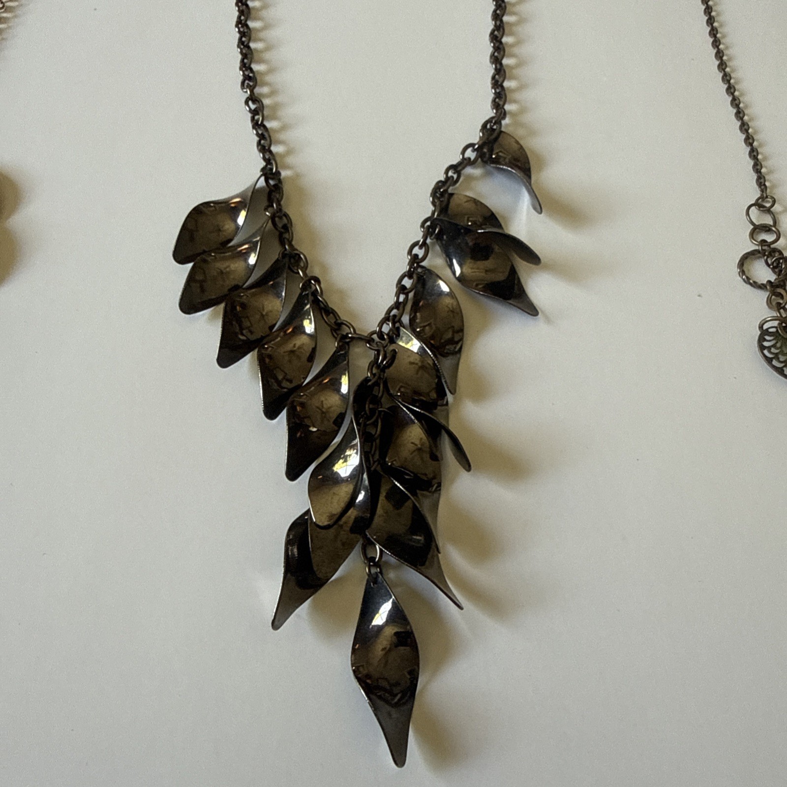 Lot Of 3 Vintage Sexy Nature Leaf Statement Metal Necklaces Gold Green & Black