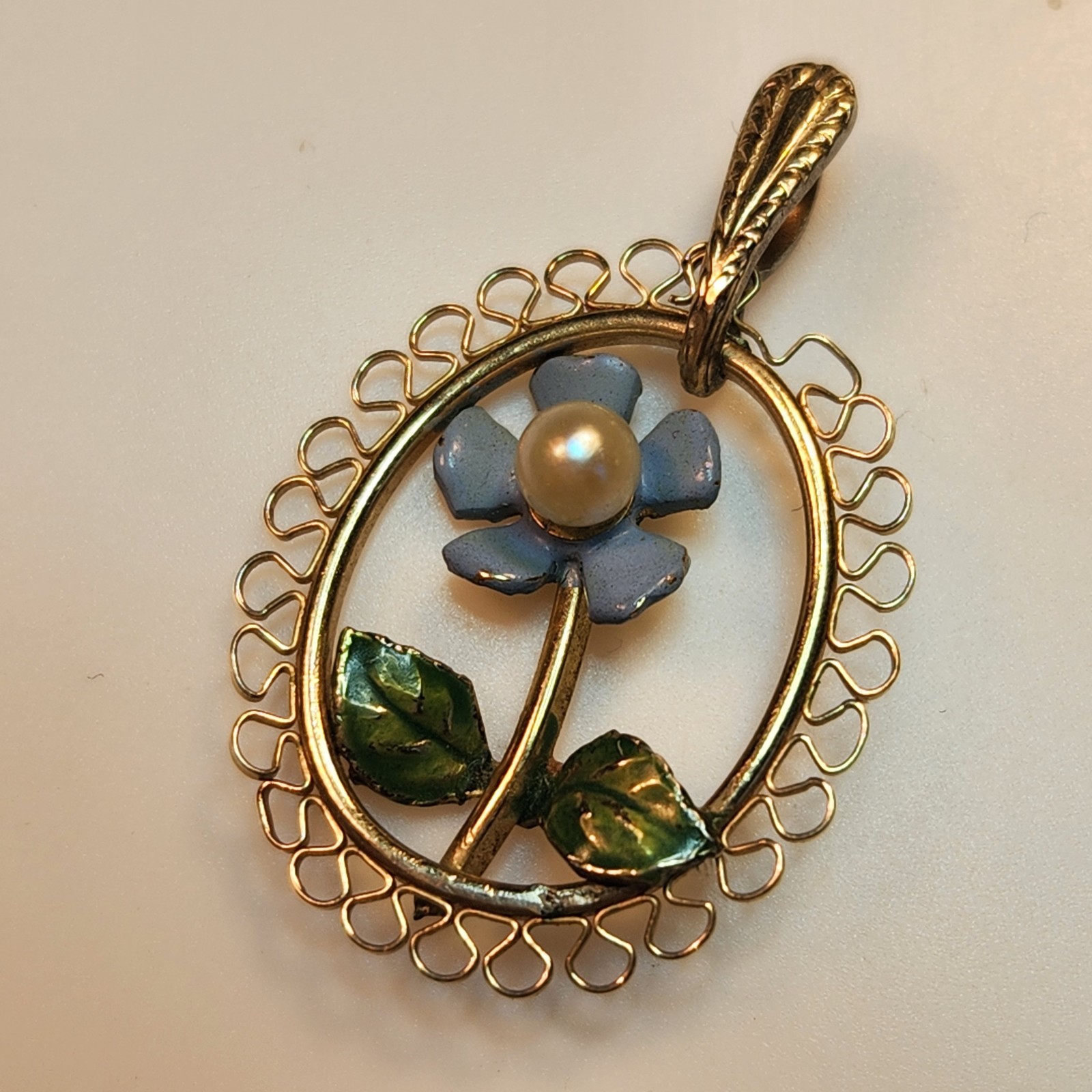 Vintage Enamel Pendant Forget Me Not Pearl Goldtone Metal Filigree Frame 1″