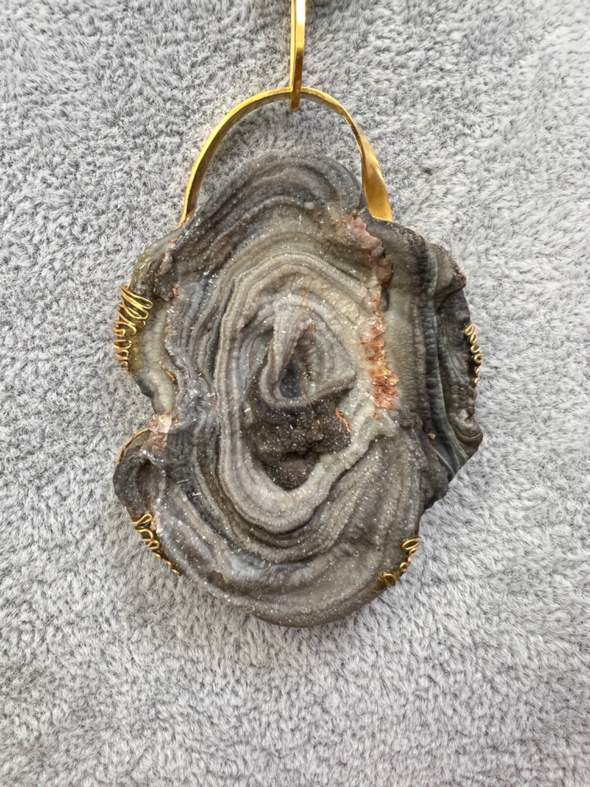 Modernist Gild Gold Neck Pendant Chalcedony Agate Geode Silver Mount Art Frame