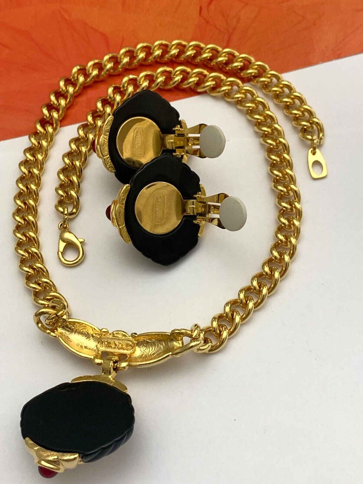 Vintage IVANA Trump Elegant Necklace & Earrings Set Rich Gold-Tone Red Cabochons