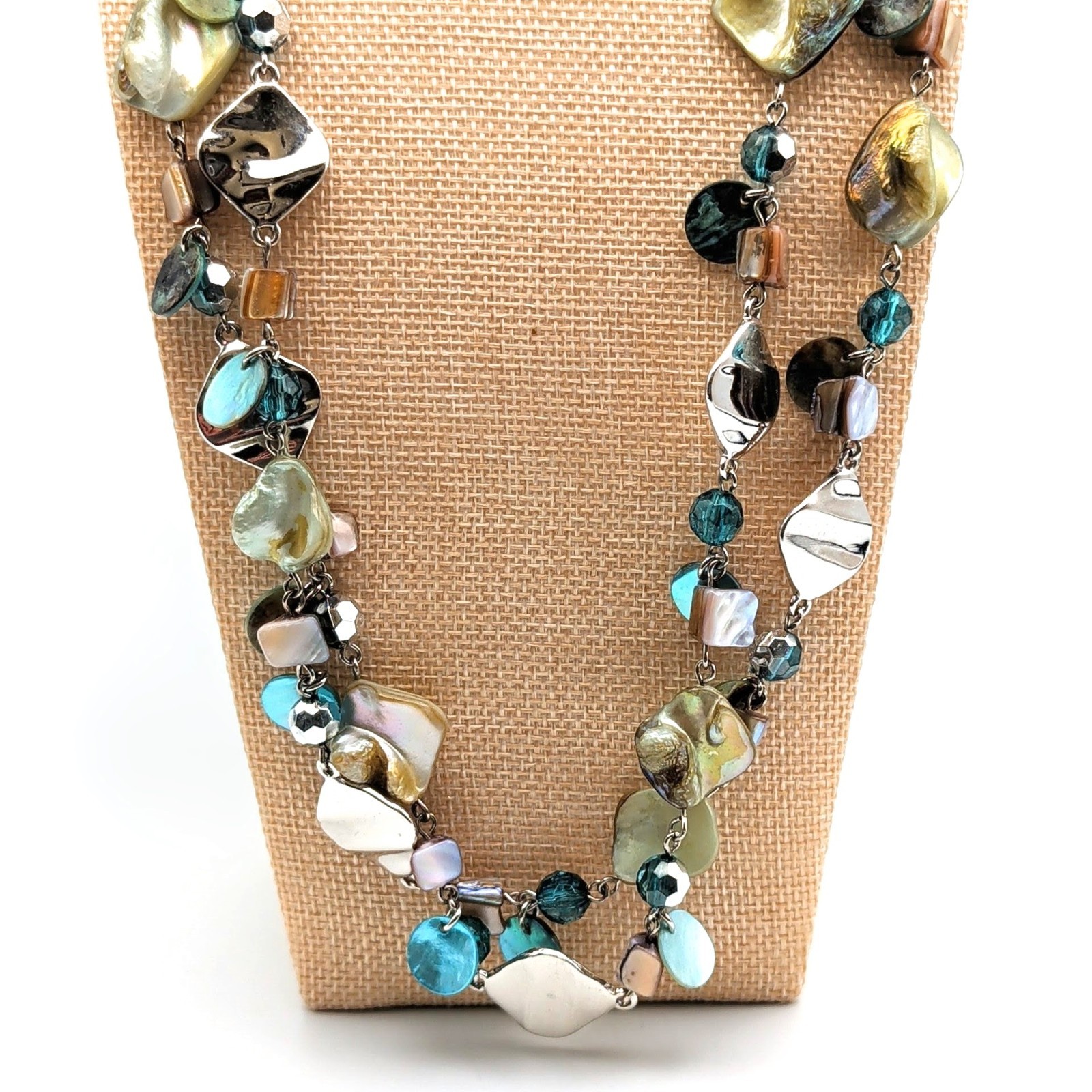 Lia Sophia Signed “Ocean Air” Abalone Shell & Glass Beads Silver Tone Necklace