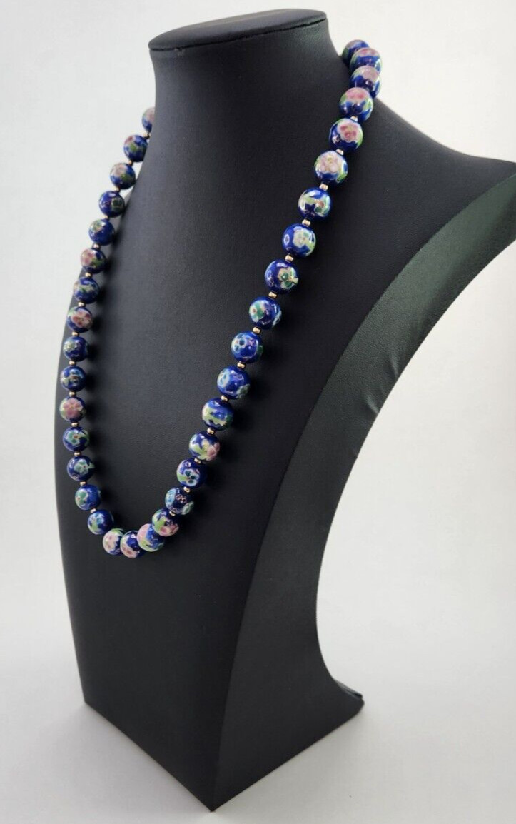Vintage Japanese Cloisonne Bead Floral Necklace, Blue Pink and Green 22 Inches