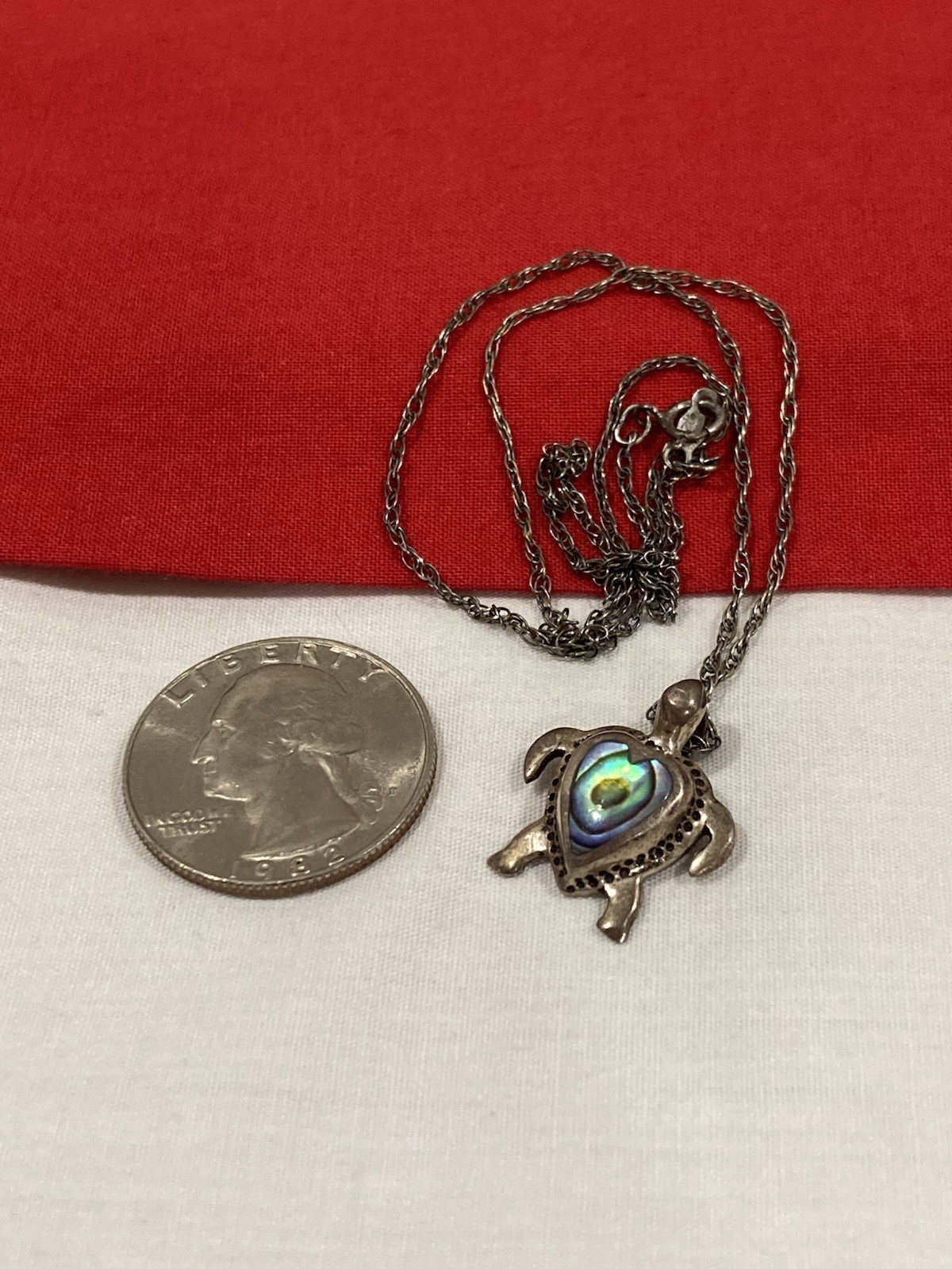 Vintage 925 Sterling Silver Abalone Heart Turtle Pendant & Chain Necklace 18.5”