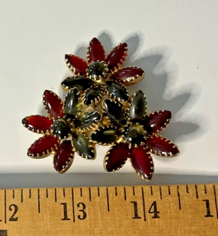 Vintage Warm Red and Gray/Green Flower Brooch approximately 2 inches long