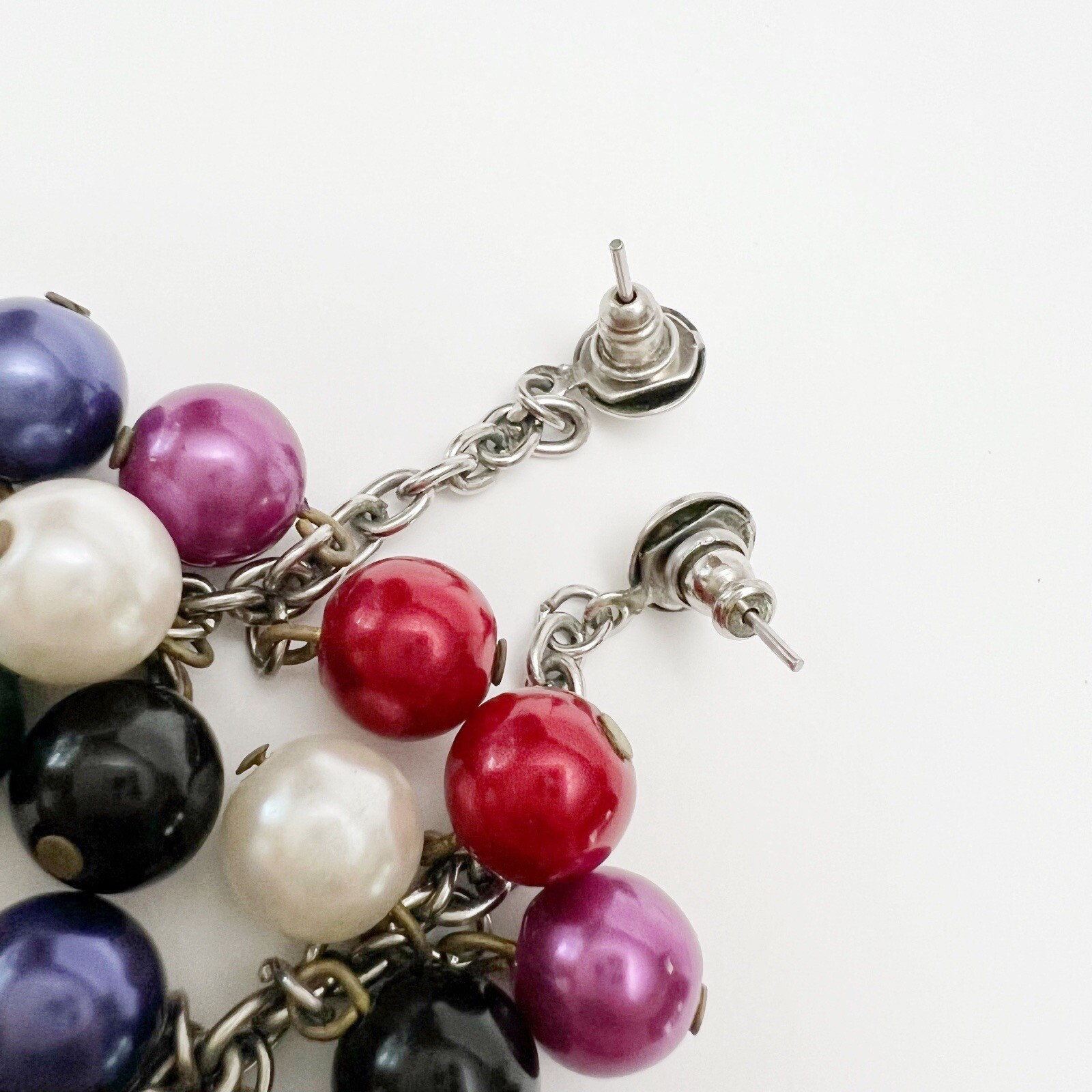 Vintage Multicolor Faux Pearl Beaded Dangling Cluster Chain Drop Earrings