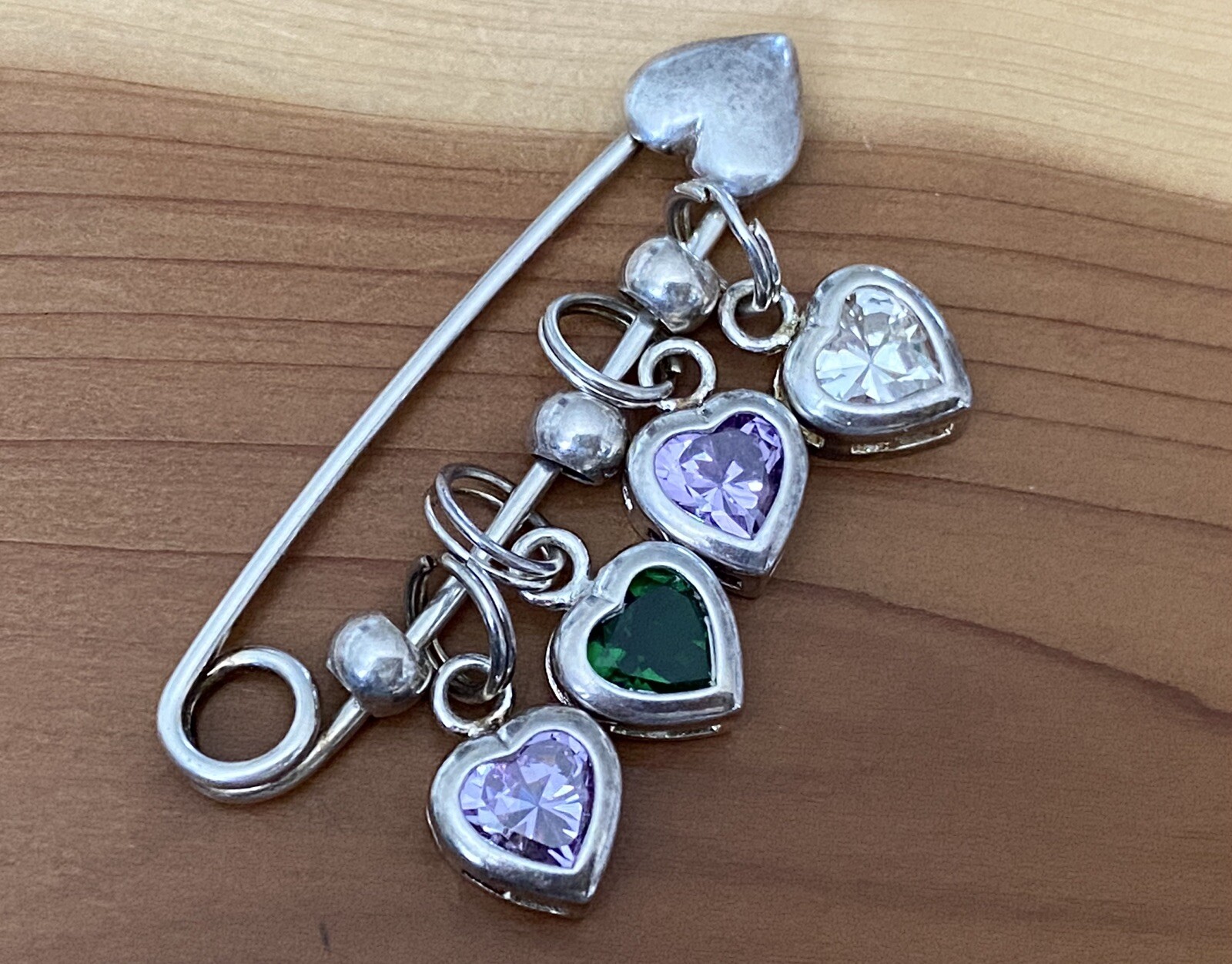 Vintage 925 Sterling Silver Purple, Green & White CZ Heart Shaped Pin / Brooch