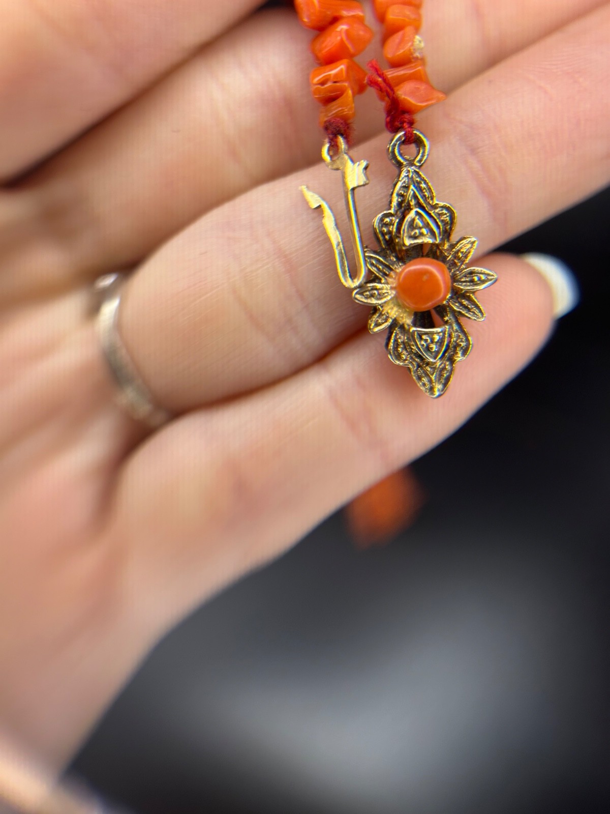 Vintage Branch Coral Necklace 21.5” Gilt 835 Silver Filigree Pendant & Clasp
