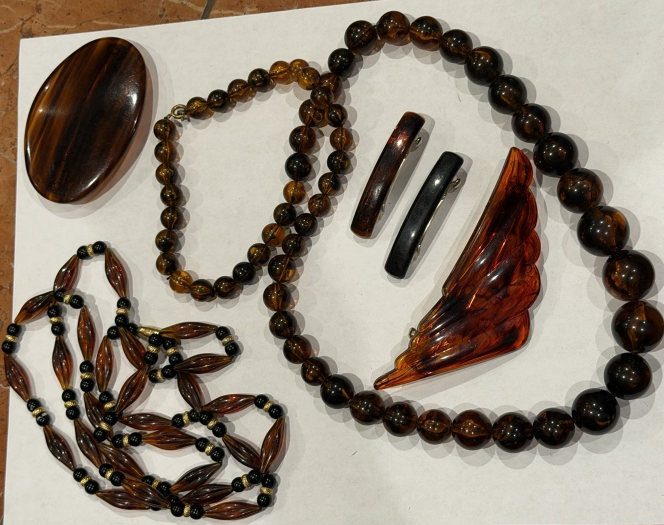 FAUX TORTOISE LUCITE GRADUATED BEAD & AVON 3927 NECKLACE BARETTE VINTAGE LOT EUC