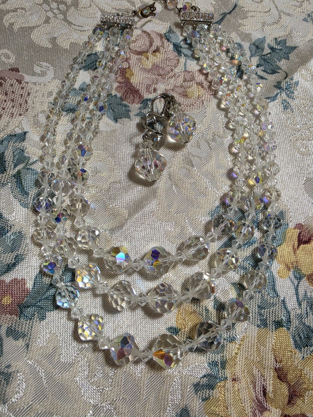 Vintage Triple Strand Graduated AB Faceted Crystals & Earrings Set Adj Necklace