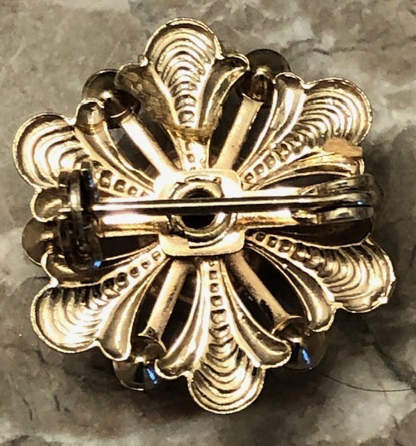 Vintage Gold Tone Filigree Hand Painted Pink Rose Black Enamel Floral Brooch Pin