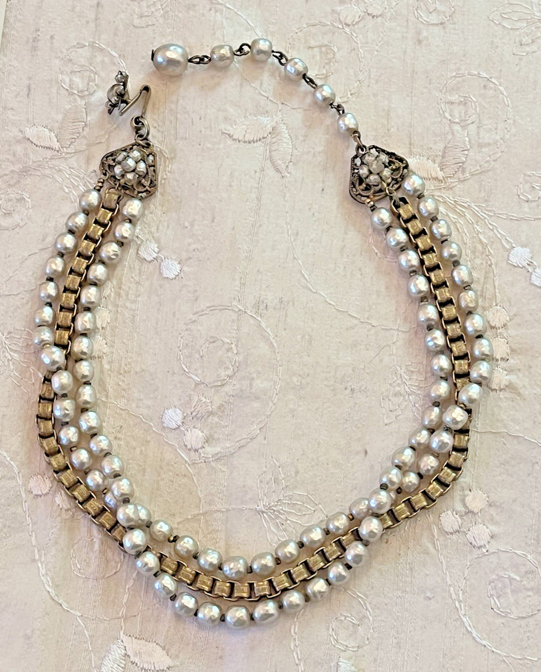 Miriam Haskell Vintage Signed 3-Strand Glass Pearl and Gold Chain Link Necklace