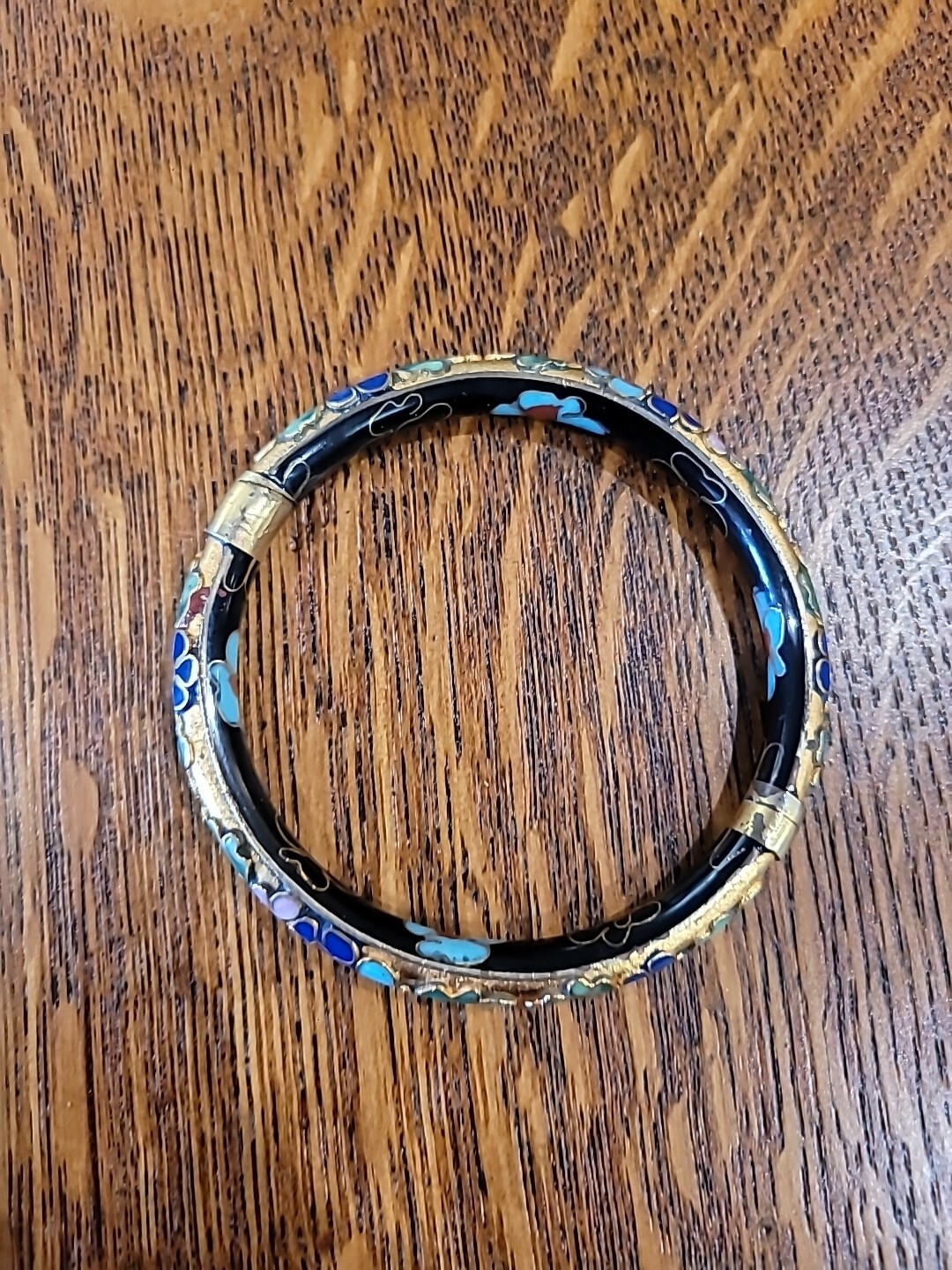 Vintage Chinese Gold Cloisonne Enamel Flowers Opening Hinged Bangle Bracelet