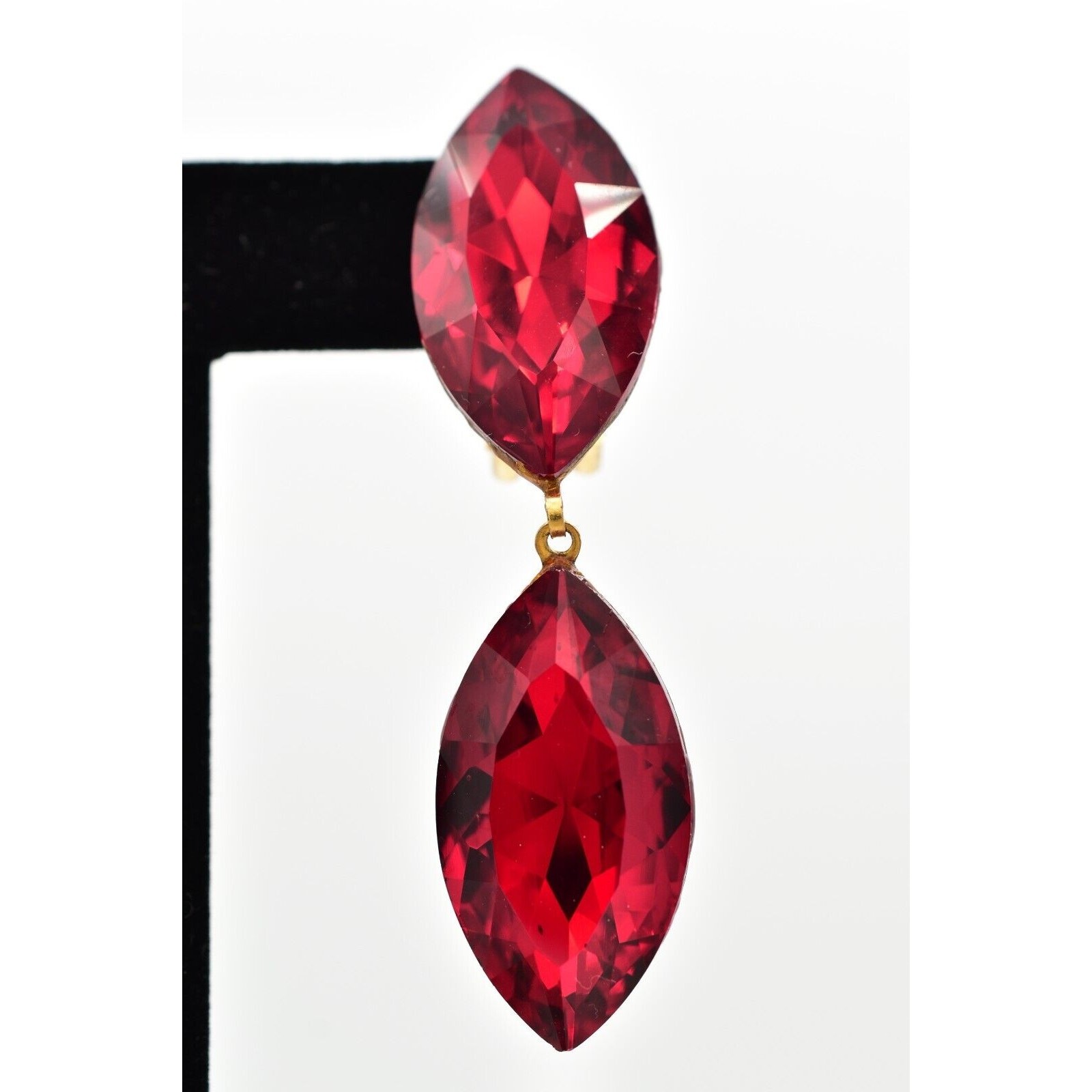 Vintage Red Crystal Clip On Earrings Drop Dangle Chunky Sparkling 1980s BinBK