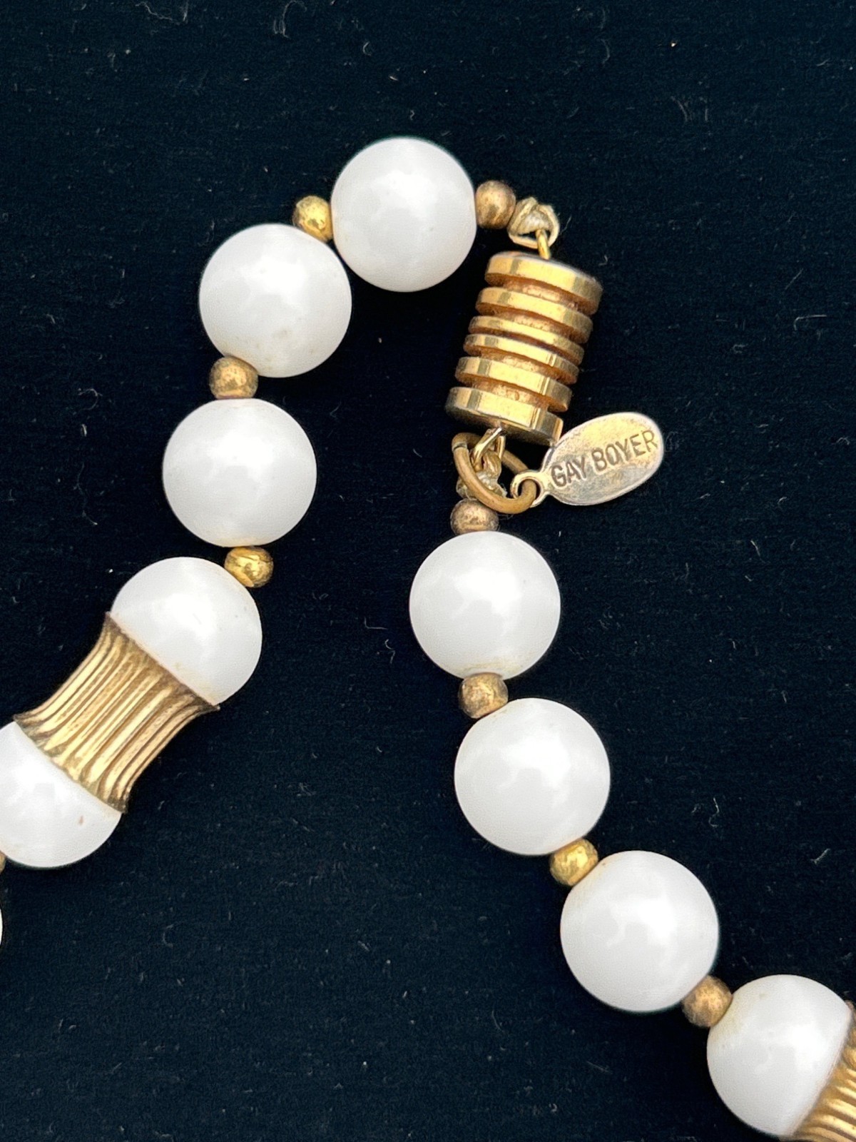 Gay Boyer white lucite beaded gold tone 27” necklace