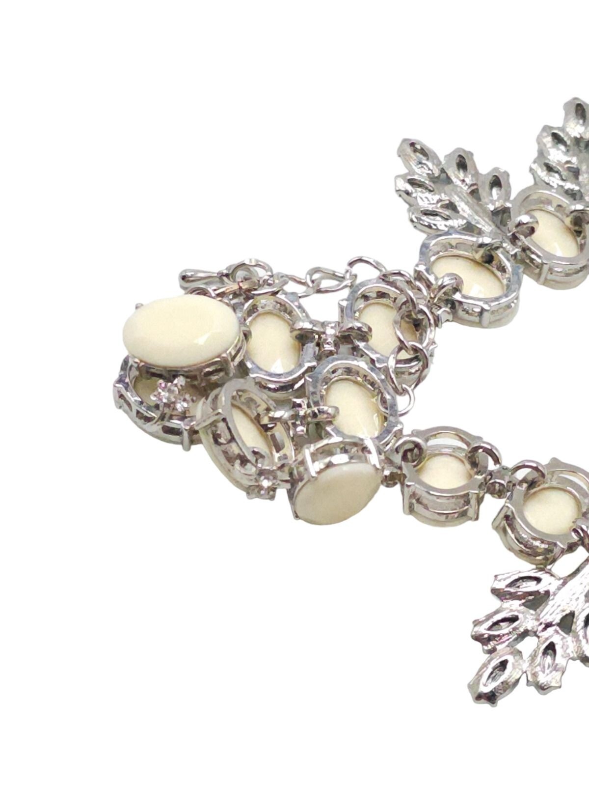 Cream Acrylic Marquise Crystal Statement Necklace Silver Tone Vintage