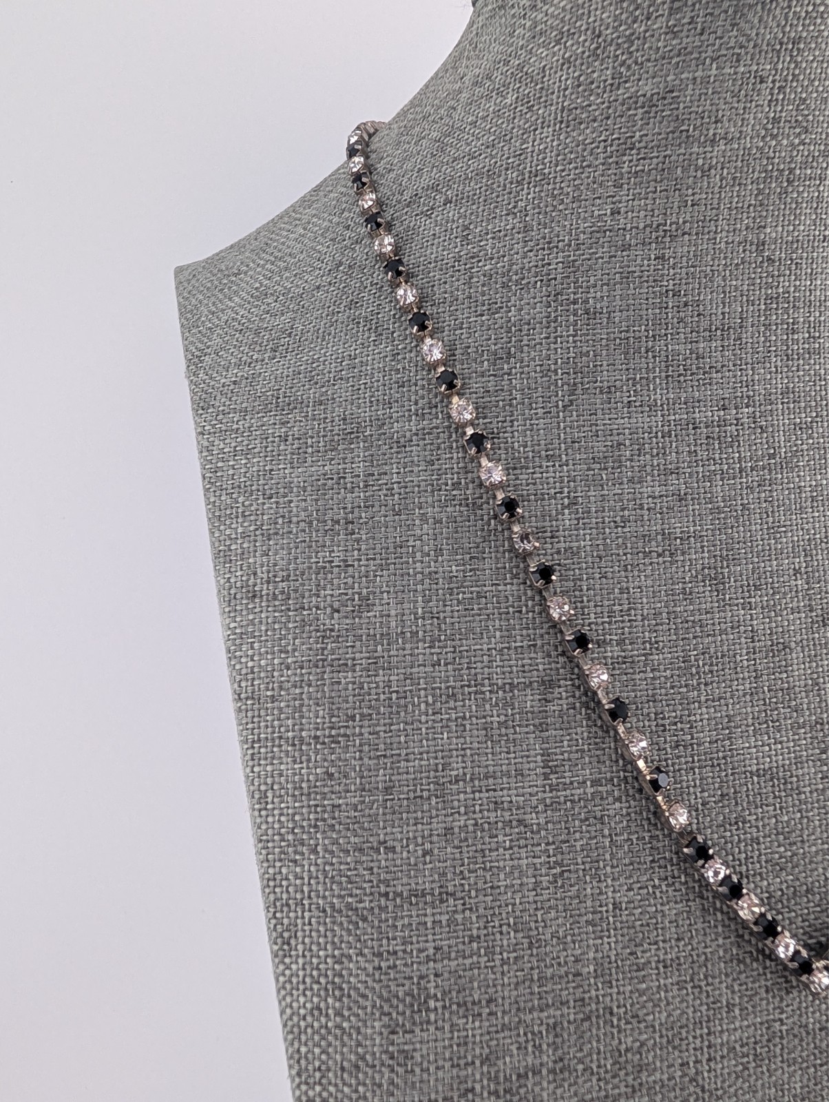Vintage Silver Tone White & Black Glass Rhinestone V Point Necklace