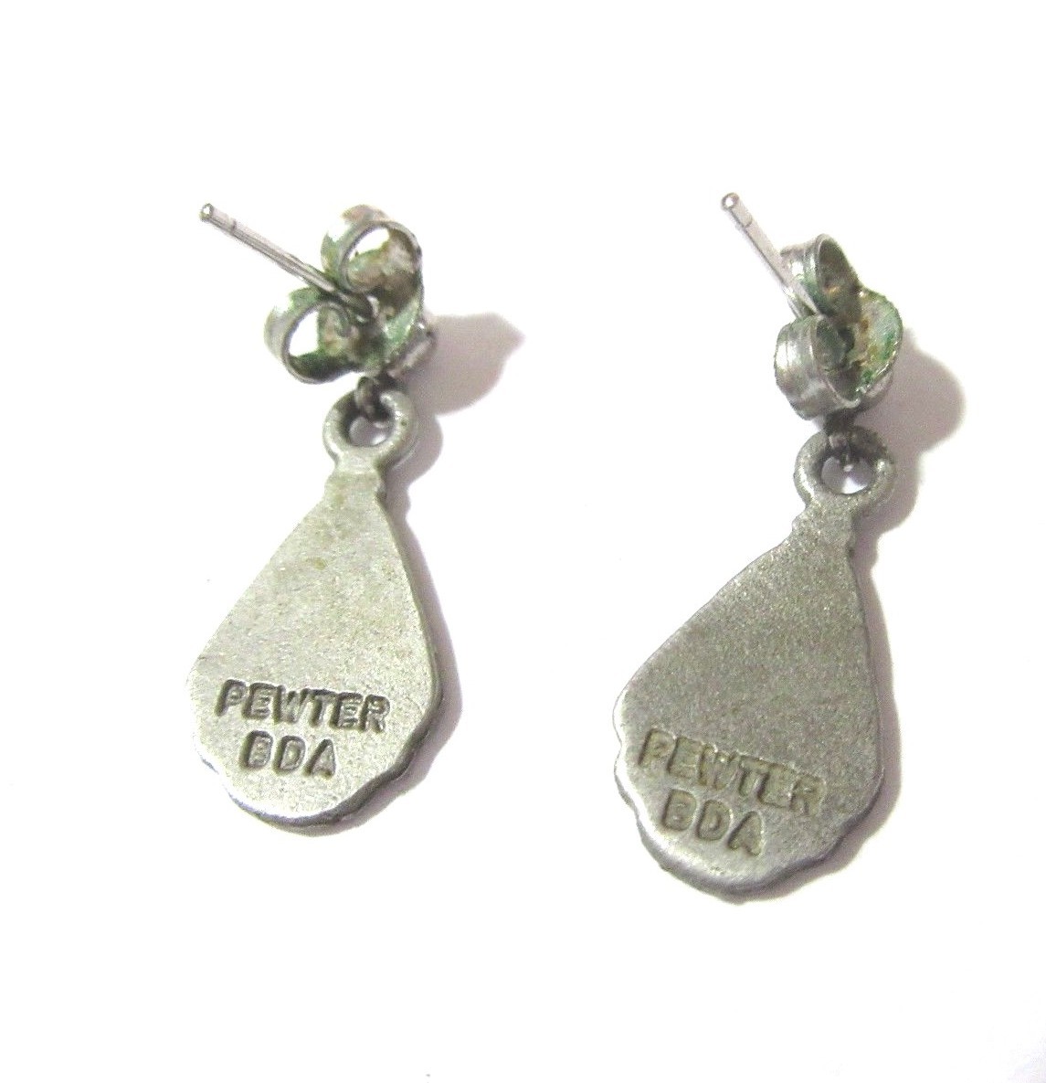 ETCHED FLORAL PIERCED EARRINGS MARKED PEWTER BDA VINTAGE