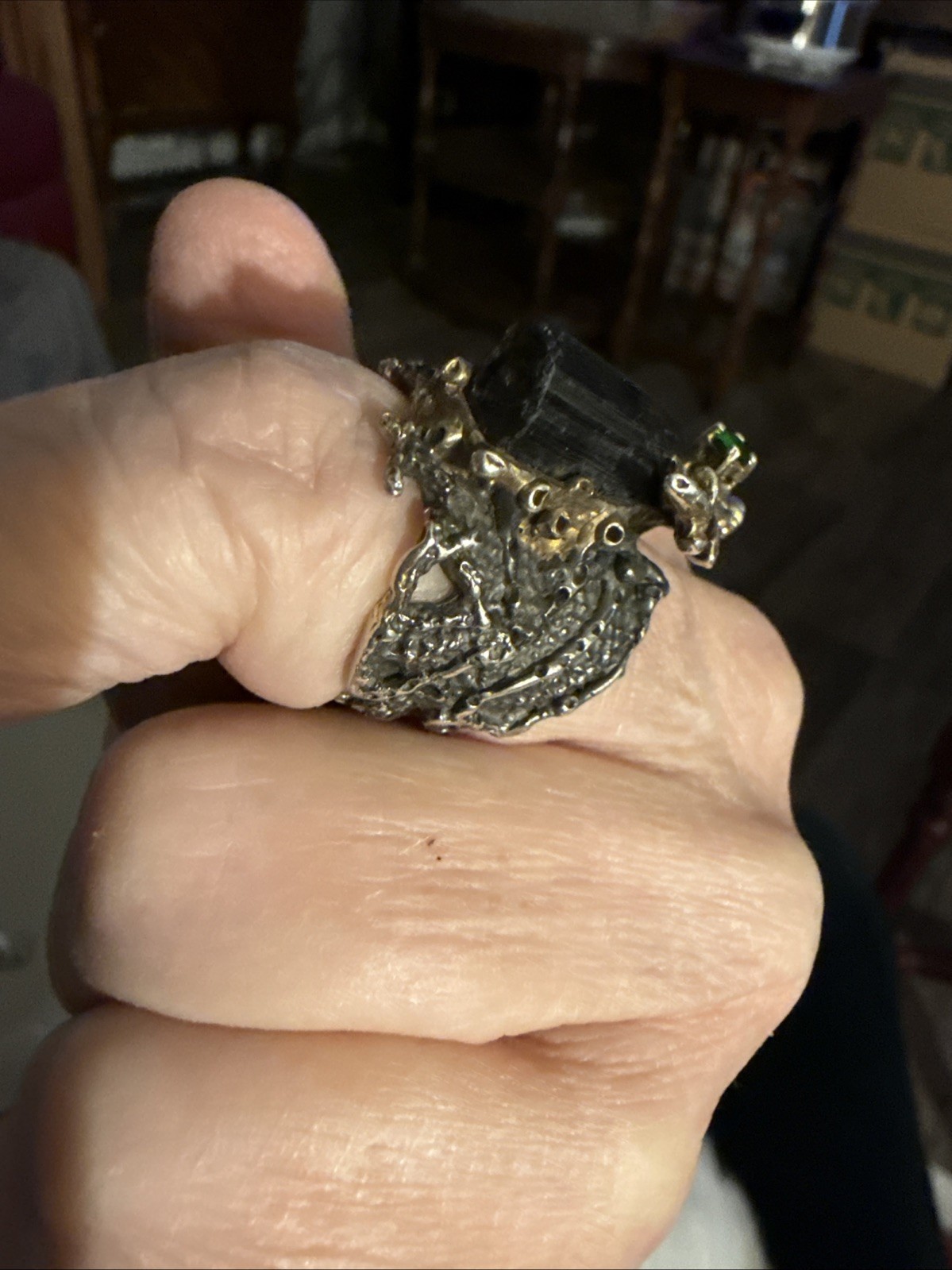 Vintage Reindeer Ring Sterling With A Black Beryl Stone And A Green Stone Size 8