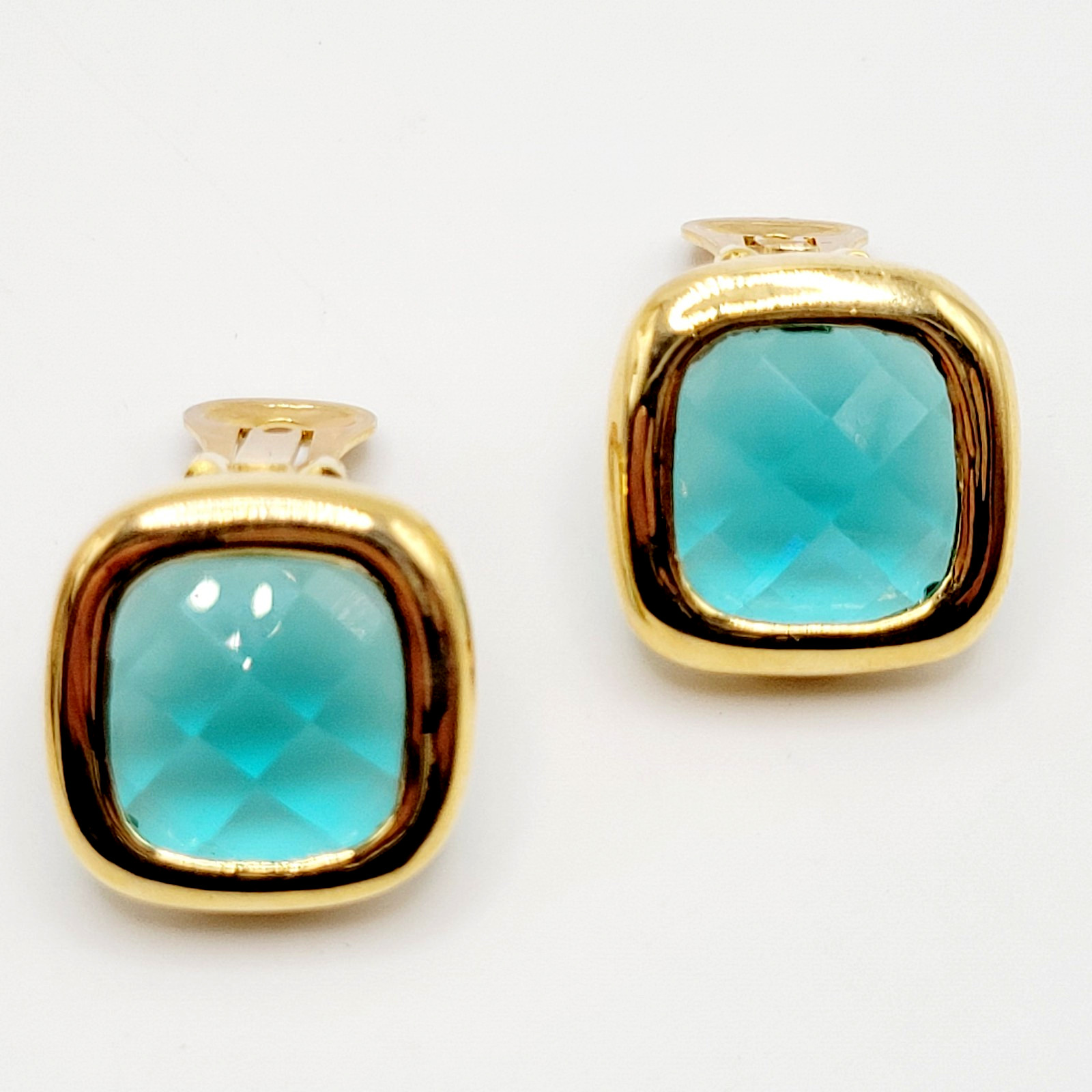 Aqua Light Blue Green Faceted Glass Soft Square Gold Tone Bezel Clip On Earrings