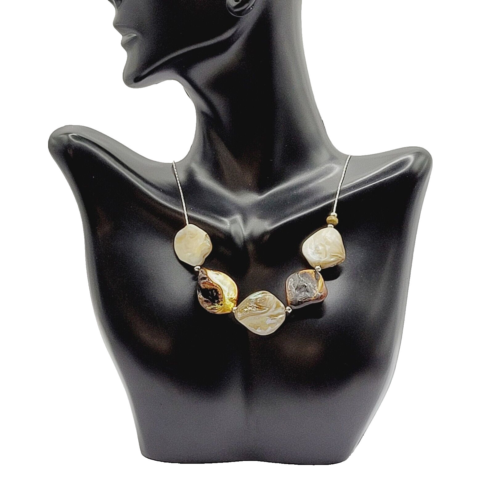 Chunky Mother of Pearl Shell Bead Neutral Color Silver Tone Chain Vtg Necklace