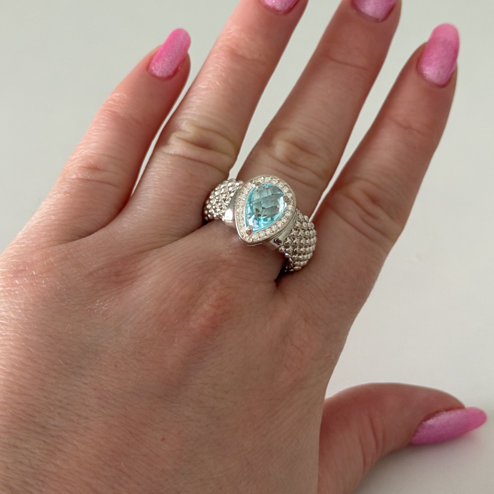 925 Italy Sterling Silver Genuine Blue Topaz Pear White Topaz Mesh Ring Size 9