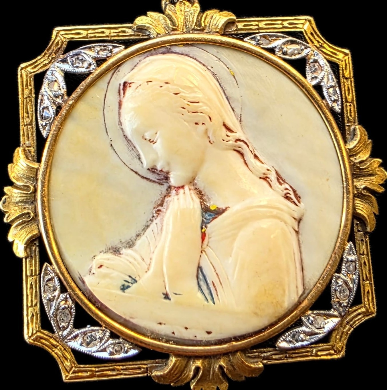 Antique Virgin Mary Medal Pendant 18k Gold Rose Cut Diamonds Catholic Art Deco