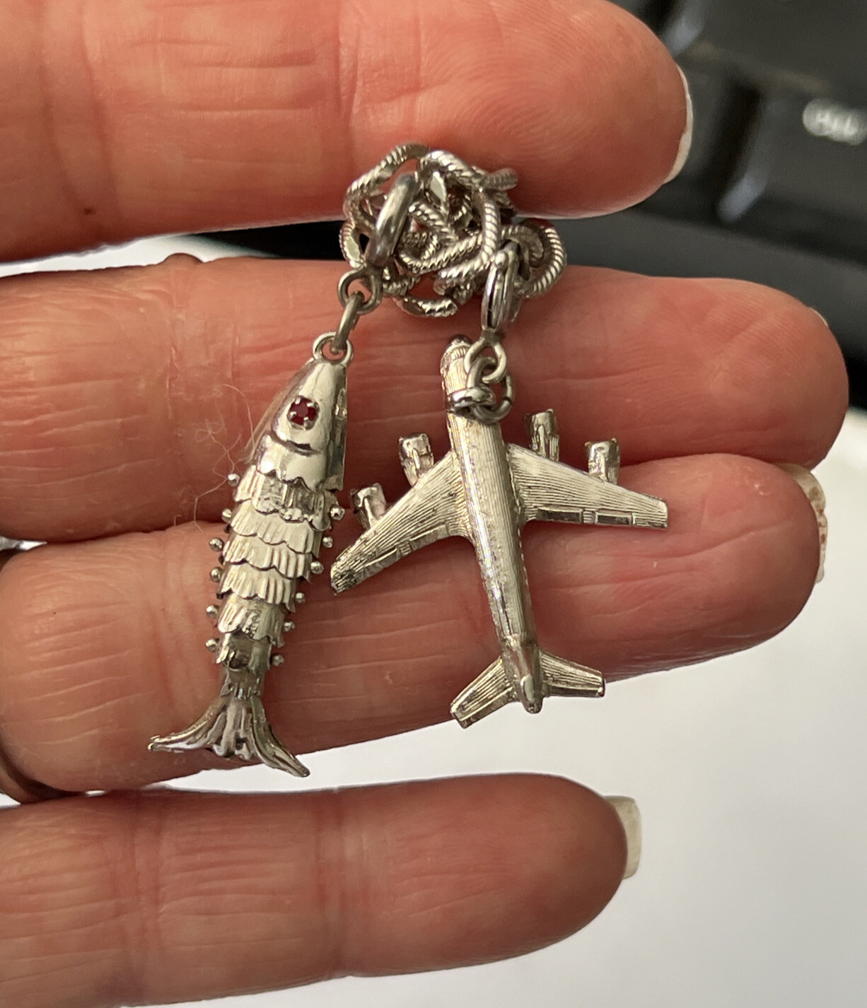 Vintage Silvertone Monet Starter Charm Bracelet Two Charms Airplane Fish 7″