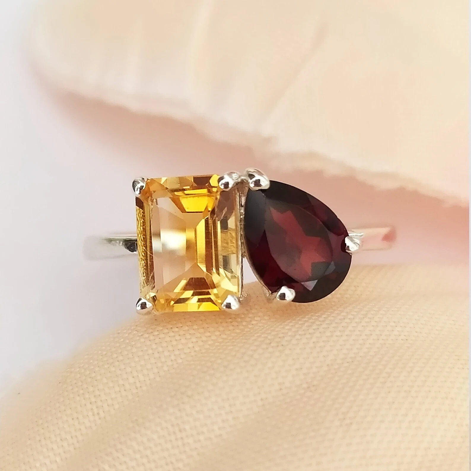 14K White Gold Plated Emerald and Pear Cut Lab Created Citrine & Garnet Ring