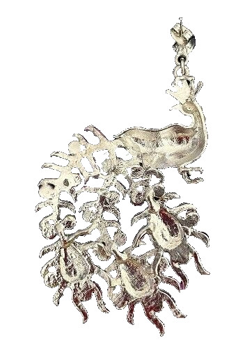 BEAUTIFUL RHINESTONE PEACOCK EARRINGS PURPLE PINK & BLUE STONES ON SILVER