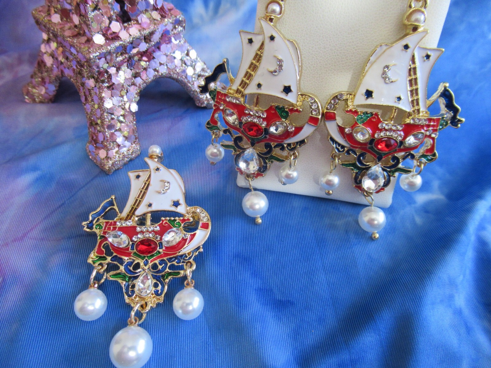 Art Nouveau Earrings Sailboat Ship Boat Pearl Earring & Brooch Crystal Pearl Set