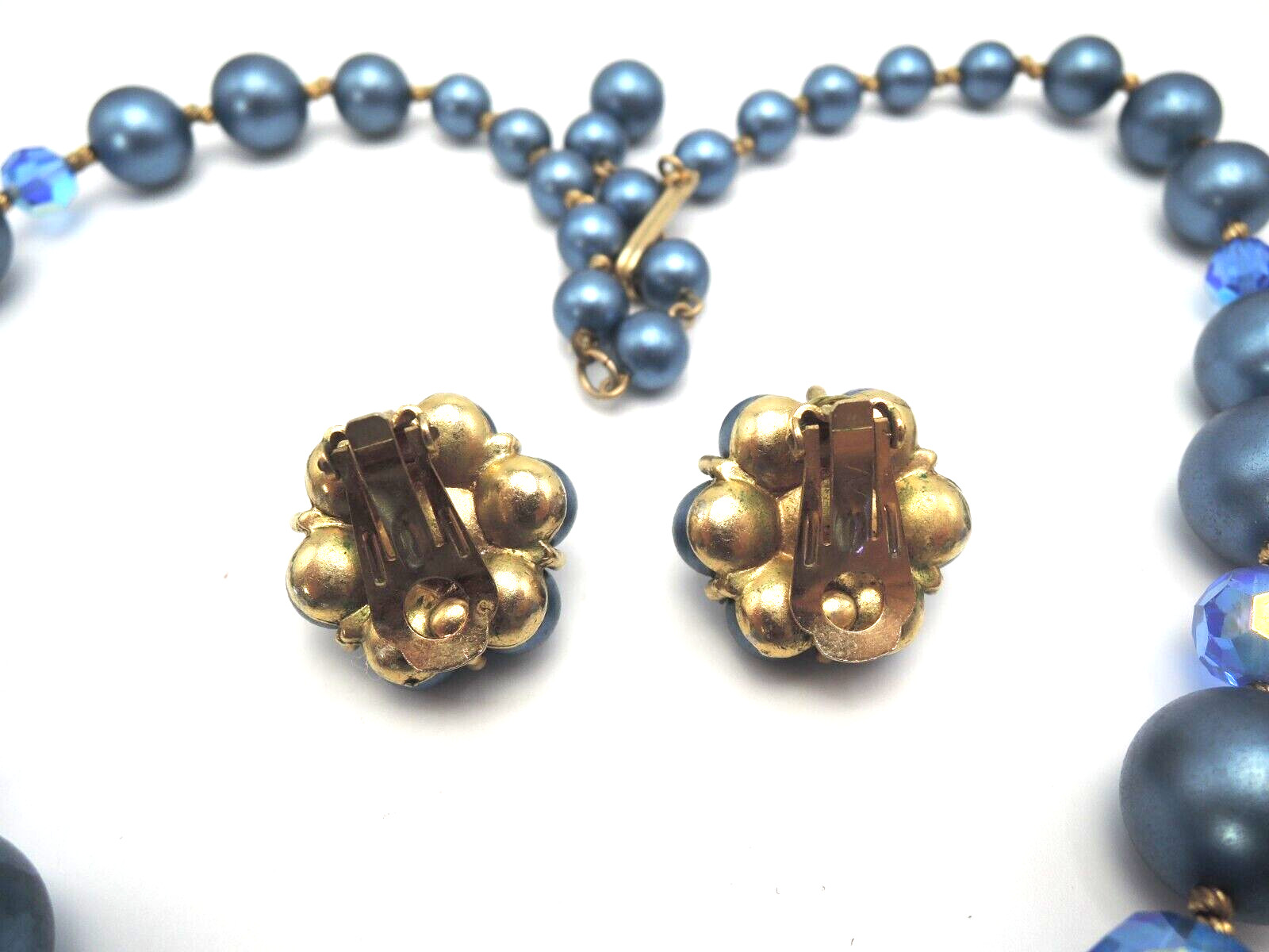 Blue Plastic Bead Necklace and Clip Earrings Set, 1950-’60s