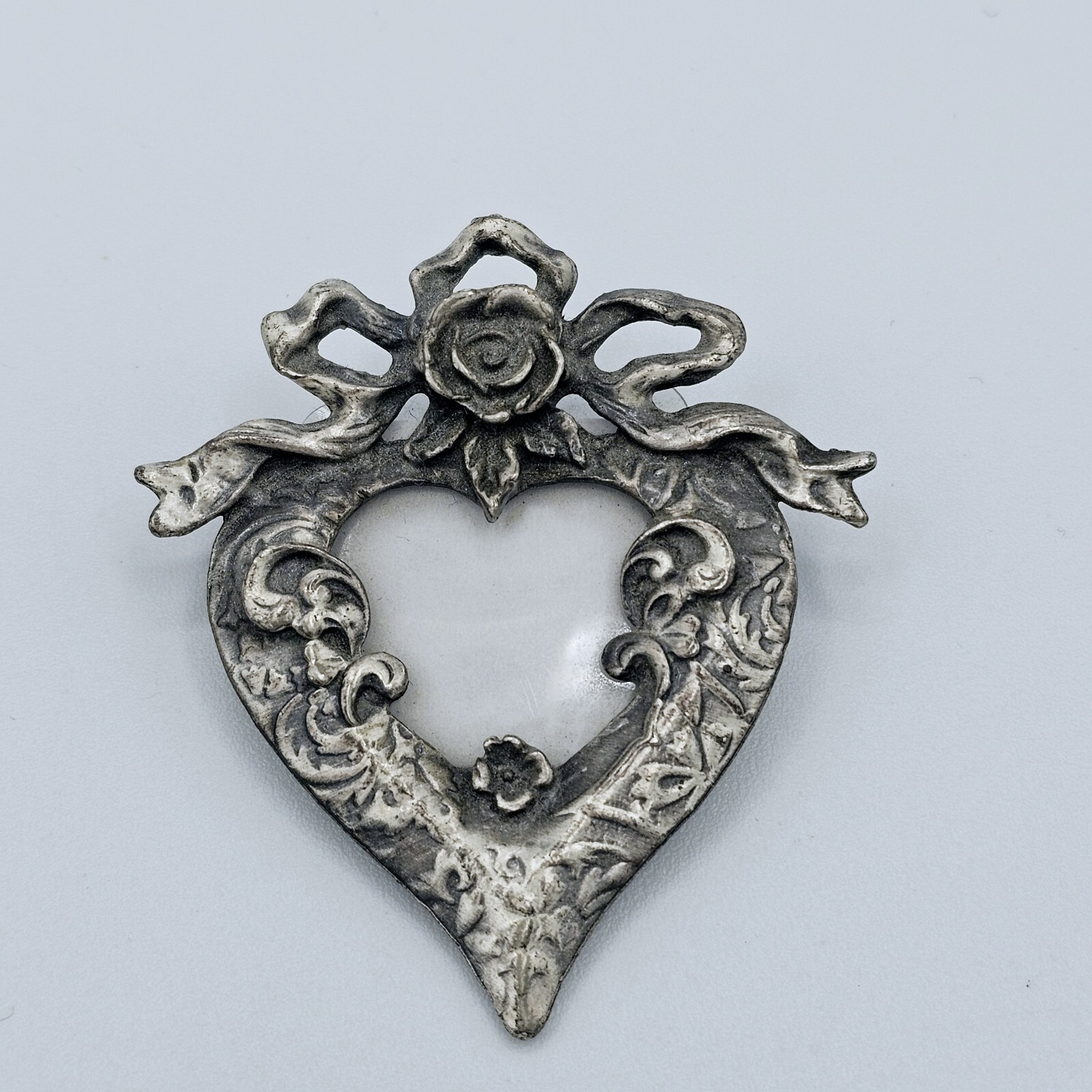 Victorian Heart Photo Brooch Vintage Romantic Rose Ribbon Silver Tone Memory Pin